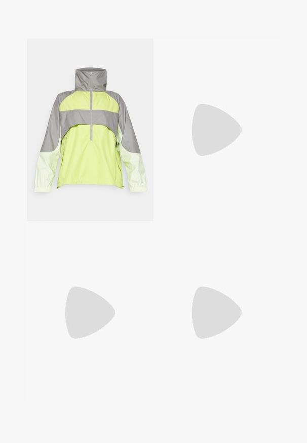 adidas by Stella McCartney Vjetrovka - bahia glow/dove grey/halo; Majica kratkih rukava za sport, tamno siva s perforiranim uzorkom. Ima bijeli logo i kontrastne bočne pruge. Zaobljeni izrez.; Tamno plave sportske kratke hlače uskog kroja, izrađene od glatkog materijala, s bijelim bočnim prugama i logom u donjem lijevom kutu.; Svijetloplave trkaće tenisice s bijelim prugama, teksturiranim gornjim dijelom, podstavljenim ovratnikom i žuto-zelenim naglascima na potplatu i vezicama.
