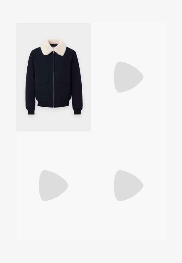 Tumesinine pommitaja jope kreemja kunstkarusnahast kraega; ees lukuga sulgur ja kaks taskut; soonilised mansetid ja ääred.; Must märk puuvillane T-särk ümmarguse kaelusega ja lühikeste varrukatega. Omab lõdvat istuvust, sujuvat tekstuuri ja minimalistlikku disaini.; Mustaskid mustad teksad, millel on lõtvist lõige, viis taskut, nööbivääristamine ja kergelt fades sead.; Must musta kingad, millel on sile pind, ümar nina ja minimaalne paelamine. Omab peent disaini ja madalat, tugevat kummist tallat.