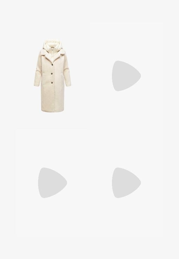 Beige long coat with a textured, fuzzy material, a padded hood, and large buttons. Features side pockets and a tailored lapel collar.; White long-sleeve turtleneck top made of smooth, stretchy fabric. Features a high collar and fitted design, with no visible patterns or embellishments.; Light blue wide-leg jeans made from denim, featuring a high waist, five-pocket design, and subtle fading for a worn-in look.; White platform sneakers made of smooth synthetic material, featuring a rounded toe, lace-up design, and a textured rubber sole. Black heel accent.