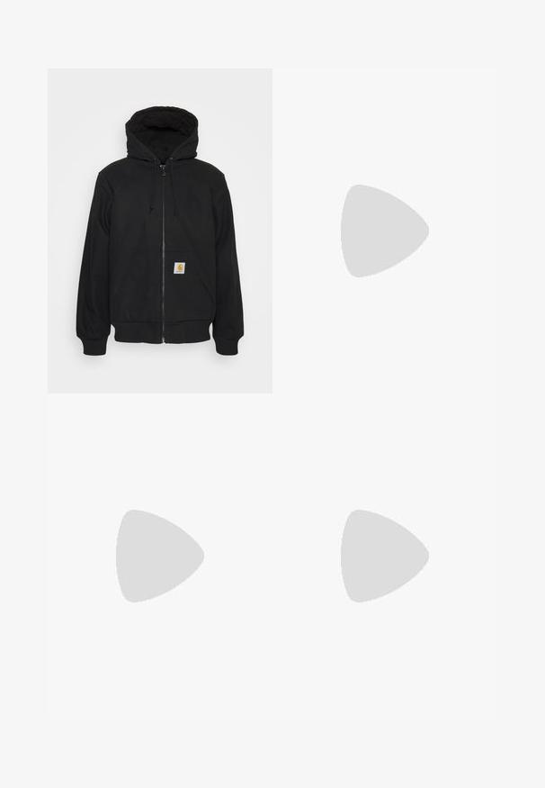 Black zip-up hoodie with a quilted hood, drawstrings, and front pockets. Features a logo patch on the left pocket and ribbed cuffs.; Black polo shirt made of cotton, featuring a two-button placket, short sleeves, and a white Nike logo on the left chest.; Black, wide-leg pants made of denim, featuring a front button closure, belt loops, and two side pockets with a smooth texture.; Black and white Nike Air Force 1 sneakers with a leather upper, perforated toe, and textured sole detail, worn with rolled beige pants and white socks.