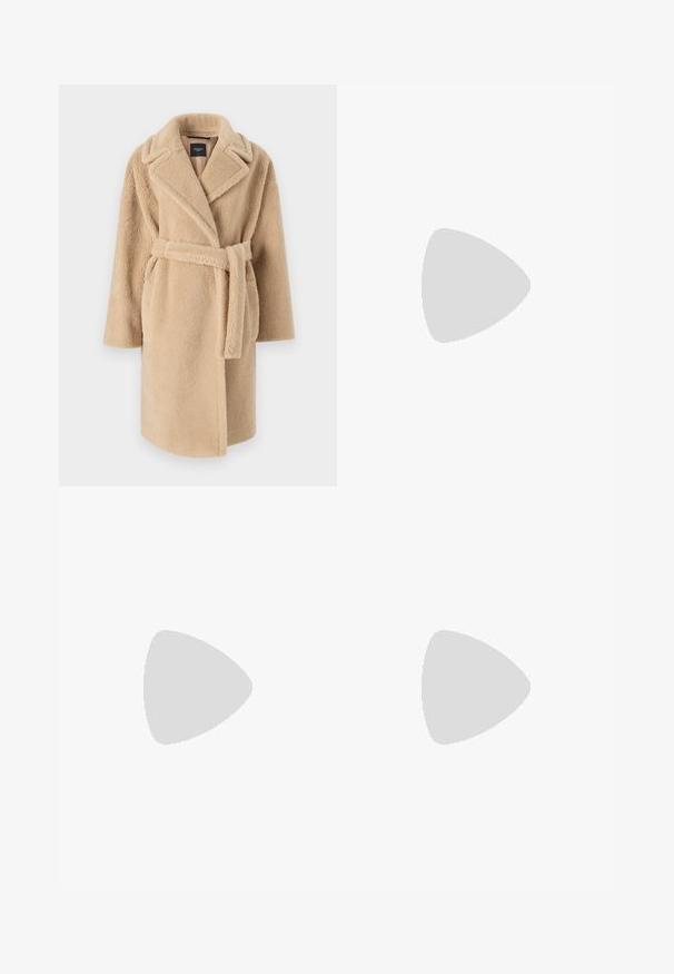 Beige, fuzzy coat with a shawl collar, long sleeves, and a tied belt. Features an open front and a soft, textured fabric.; Black knitted sweater with a high ribbed collar, dropped shoulders, and a relaxed fit. Features ribbed cuffs and hem for texture.; Black trousers with an elastic waistband, straight leg design, and no visible pockets. Smooth fabric with a matte finish.; Black slide sandals with a smooth leather finish, featuring crisscross straps and cut-out details, and a flat, flexible sole.