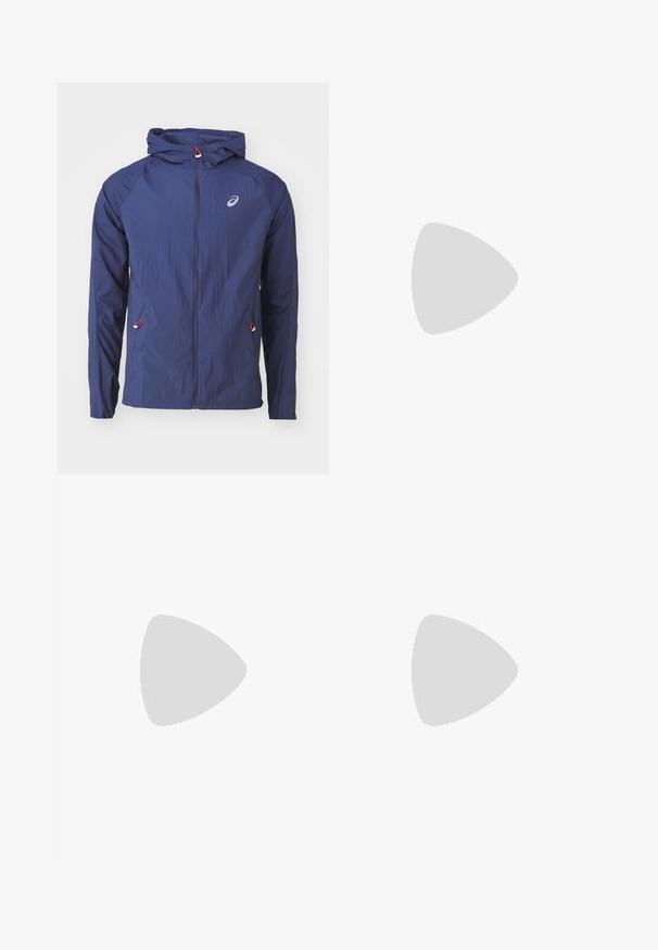 ASICS ROAD PACKABLE JACKET - Windbreakers - blue expanse; Langærmet atletisk top i mørkegrå, med teksturerede designelementer i en lysere grå. Crew-neklinje med logo på brystet.; Sorte træningsbukser med en strækbar talje, sidelommer og kontrasterende teksturpaneler på benene. Asics-logo på hoften.; ASICS SOLUTION SPEED FF 3 CLAY - Tennissko til grusbane - black/prism blue