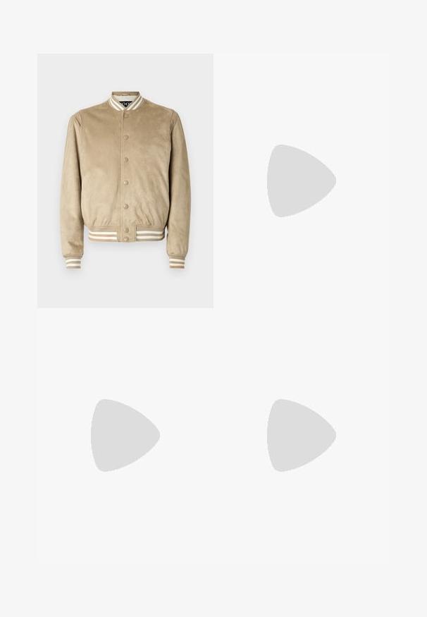 Beige suede bomber jacket with a round collar, snap-button front, and ribbed striped cuffs and hem in beige and brown tones.; White cotton t-shirt with a relaxed fit, featuring a small black graphic logo on the left chest area. Short sleeves, crew neck style.; Blue trousers made of a smooth fabric, featuring a straight-leg design, a button closure, and subtle stitching details.; Sneakers featuring a mix of white mesh and beige suede, with a brown leather accent. Rounded toe, flat rubber sole, and lace-up design.