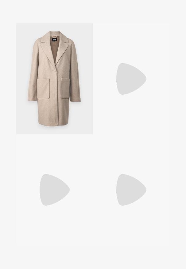 ONLY Tall ONLNEWVICTORIA LIFE COAT - Klasični plašč - simply taupe/melange; Dva dolga rokava, en črn in en bel, oba z kvadratnim izrezom in narejena iz mehkega, raztegljivega materiala.; Črne široke hlače s visokim pasom, gumbnimi detajli na pasu in sprednjimi gubami.; Črne usnjene gležnjarje z zaobljenim nosom, srednje visokim blokastim peto in zanko na hrbtni strani. Gladka tekstura, minimalističen dizajn.