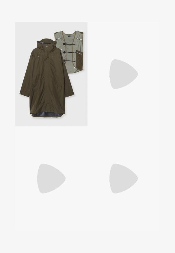 Olivgrüne Regenjacke mit Kapuze, langen Ärmeln, Reißverschlusstaschen und innerem Futter. Inkludiert eine abnehmbare hellgrüne Weste mit Knopfverschluss.; Kurzärmliges, braunes T-Shirt aus weichem Stoff, mit Rundhalsausschnitt und seitlichen Schlitzen für zusätzlichen Komfort. Schlichtes, unverziertes Design.; Braune leichte Hosen mit grauen Seitenpaneelen, elastischem Bund und mehreren Seitentaschen. Strukturiertes Gewebe mit dezentem Glanz.; Braune Sportschuhe mit einer strukturierten Oberfläche, hellgrünen Akzenten und einer stabilen Sohle. Verfügt über elastische Schnürsenkel und einen gepolsterten Schaft.