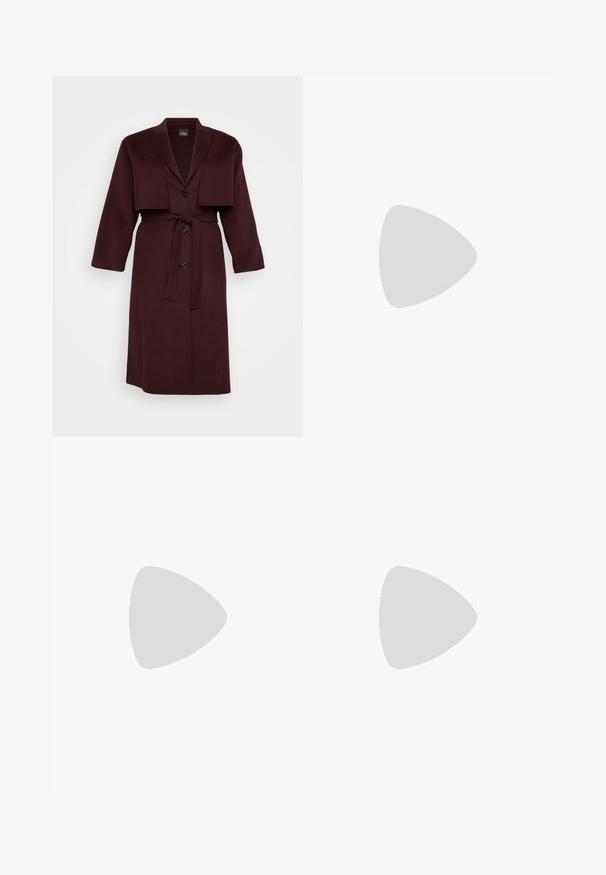 Burgundy wool blend coat with a notched lapel, cropped jacket overlay, two buttons, and a matching tie belt. Long sleeves, mid-length.; Light blue short-sleeved knit top featuring vertical ribbed texture and a crew neckline. The fabric shows subtle detailing with a fitted hem.; Wide-leg blue denim jeans with a high waist, featuring classic five-pocket styling and a button closure, made from textured cotton fabric.; Black patent leather block-heeled pumps with a rounded toe and a smooth texture, featuring a cushioned insole and a low-cut vamp.