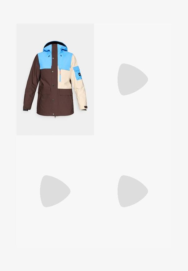 Veste isolante colorée avec un corps marron, des accents bleus et crème, une capuche, plusieurs poches et des fermetures à pression/boutons.; Pull en maille torsadée beige avec un col rond, des poignets et un ourlet côtelés, et un petit logo sur la poitrine gauche. Tissu doux et texturé.; Polo en coton blanc avec un col classique, des manches courtes et un logo brodé bleu marine sur la poitrine gauche. Patte de boutonnage à cinq boutons.; Jupe crayon en tartan de couleurs sombres avec des motifs horizontaux et verticaux. Fabriquée en laine, elle dispose d'une fente sur le côté pour faciliter les mouvements.; Baskets en cuir blanc, design bas, avec une texture lisse, bout rond, lacets à l'avant et un petit logo brodé sur le côté.