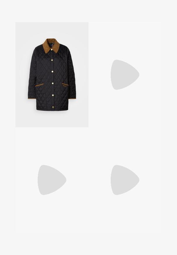 Quilted black jacket with a brown corduroy collar, gold buttons, and contrasting trim, featuring two front pockets and subtle branding.; Black turtleneck shirt made from stretchy fabric. Features long sleeves, a fitted design, and a smooth texture with no patterns or embellishments.; Light blue denim wide-leg jeans with a high waistband, featuring five pockets, belt loops, and a subtle fade effect towards the hem.; White and beige sneaker featuring a smooth upper with suede accents, a textured sole, and tonal stitching. Lace-up closure with logo detail.; Silver metal earrings featuring rounded shapes, with a polished finish and subtle engravings of the brand "BOSS" on the lower sections.