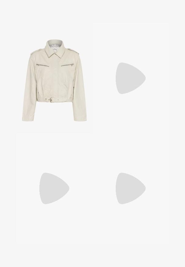 Cropped light beige leather jacket with a collared neck, two zippered chest pockets, and a belted waist. Features smooth texture and minimal hardware.; White ribbed tank top with lace trim on the neckline and sleeves. Features a soft texture and fitted shape. Brand label visible inside.; Beige tailored trousers with a straight-leg design, made from lightweight fabric. Features front pleats and a classic waistband.; White mesh sneakers with silver accents and a textured sole, positioned on a red surface, paired with plaid trousers.