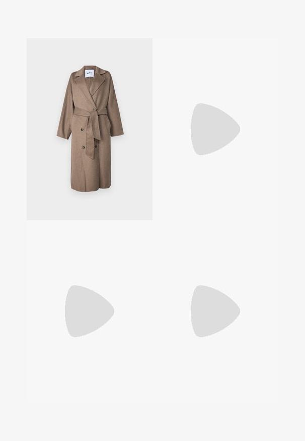 Manteau long en mélange de laine marron avec un col châle, fermeture à boutons double boutonnage, taille ceinturée et poches plaquées. Tissu doux et texturé.; Sweatshirt gris avec "PARIS" en lettres bleu clair en gras sur le devant. Présente un col rond et des poignets et un ourlet côtelés.; Jupe longue blanche jusqu'à la cheville, dotée d'une taille élastique, fabriquée en tissu léger avec une texture douce et une silhouette fluide.; Baskets en suède gris et en mesh avec une épaisse semelle blanche et beige, présentant un logo blanc proéminent et des détails en rouge.; Lunettes de soleil avec monture dorée et verres gris foncé. Forme unique en œil de chat. Les branches présentent des perles dorées et des accents de perles alternés.