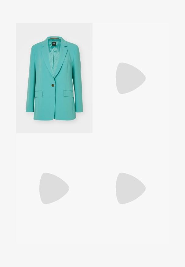 Teal blazer made of a smooth, tailored fabric featuring a single button closure, notch lapels, and two front pockets with a branded lining.; Black short-sleeve top made of smooth fabric. Features a round neckline and draped detail on the shoulder. Simple, fitted design.; Wide-leg trousers in light beige cotton. Features a high waist, front pockets, and a straight cut. Clean hem finishing without patterns.; White sneaker with a smooth finish, black heel accent, and lace-up design. Features "Calvin Klein" branding on the side. Minimalist style.