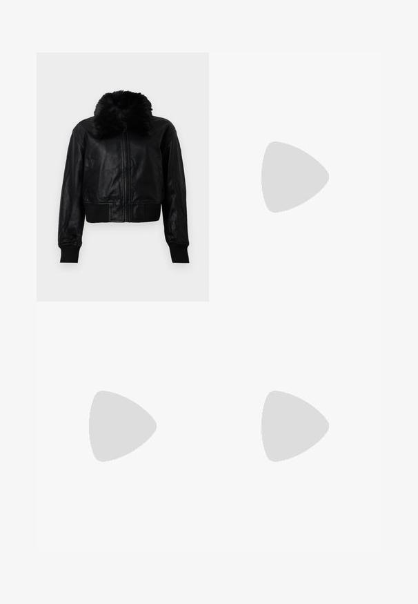 Veste cropped en cuir noir avec un col en fausse fourrure, des poignets à côtes et une taille côtelée. Elle est dotée d'une fermeture éclair à l'avant et de poches latérales.; Pull en maille blanche avec des manches longues, un col rond et un accent décoratif en perles au niveau du col. Texture douce et design ajusté.; Jupe plissée gris foncé avec une taille élastique, dotée d'un tissu texturé et d'une silhouette A-line classique. Convient pour une tenue décontractée.; Chaussures en cuir noir avec un bout arrondi, semelle plate et une sangle avec une boucle décorative. Talon épais pour plus de stabilité.