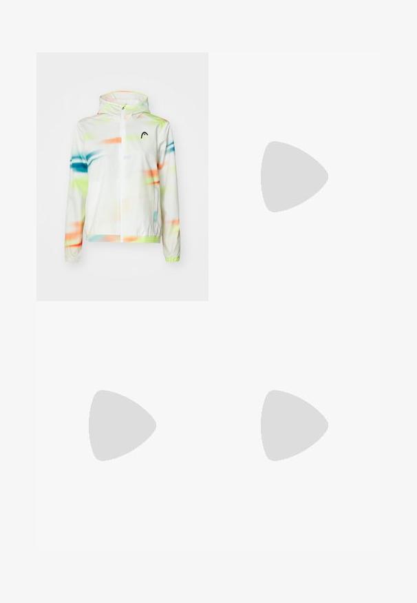 Letvægtsjakke med hætte i hvid med et farverigt abstrakt mønster i grøn, blå og orange. Har en frontlynlås og elastiske manchetter.; Hvid ærmeløs træningstop med rund halsudskæring, der har et stort svart Adidas-logo bestående af tre striber på fronten.; Sorte shorts lavet af strækbart stof med en tætsiddende design. Har en bred sort elastik med påskriften "TECHFIT" og et hvidt logo på benet.; adidas Performance PUREBOOST 5 - Løbesko til landevejen - white/glow blue/purple burst