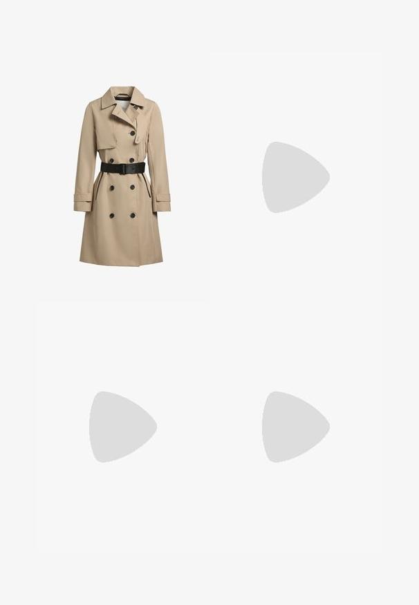 Beige trench coat with double-breasted buttons, black accents, tailored fit, wide lapels, and a waist belt. Textured, water-resistant fabric.; Punainen hihaton neulevillapaita, jossa on V-pääntie ja ribattu helma. Rinnassa pieni tumma logo. Pehmeä rakenne ja yhtenäinen väri.; Mustat leveälahkeiset farkut, joissa on korkea vyötärö, valmistettu denimistä. Varustettu mustalla vyöllä, jossa on säädettävä solki ja sivutaskut. Huomattavat yksityiskohtaiset tikkaus.; Ruskeahuiset lenkkarit, joissa on kolme lyhyttä vaaleaa raitaa, kuminen pohja, pyöreä kärki ja teksturoitu mokkanahkakoristelu kannassa ja kärjessä.