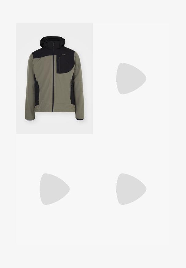 Softshell jacket in olive green with black accents, featuring a hood, zippered pockets, and a branded chest patch. Appears lightweight and flexible.; Black short-sleeve performance t-shirt made of breathable fabric, featuring a crew neckline and small white "SALOMON" logo on the chest.; Black outdoor pants featuring a zippered thigh pocket, elastic waistband, and smooth, water-resistant fabric. Clean design with no visible logos.; Black trail running shoe with a durable mesh upper, reinforced toe cap, textured rubber sole, and elastic lacing system for secure fit.