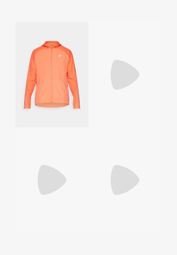 Veste légère à capuche de couleur orange vif avec une fermeture éclair intégrale, dotée d'un logo discret et de poignets élastiqués. Tissu texturé avec une finition lisse.; Haut de sport à manches longues en gris foncé, avec des accents de design texturé en gris clair. Encolure ronde avec logo sur la poitrine.; Pantalons de sport noirs avec une taille élastique et des poignets ajustés. Présente un accent de logo subtil sur la cuisse gauche. Tissu lisse et léger.; Baskets de running bleu clair avec tige en maille, lacets blancs, accents violets et un détail rouge sur la semelle intermédiaire. Présente une semelle courbée et le logo "ZOOMX".