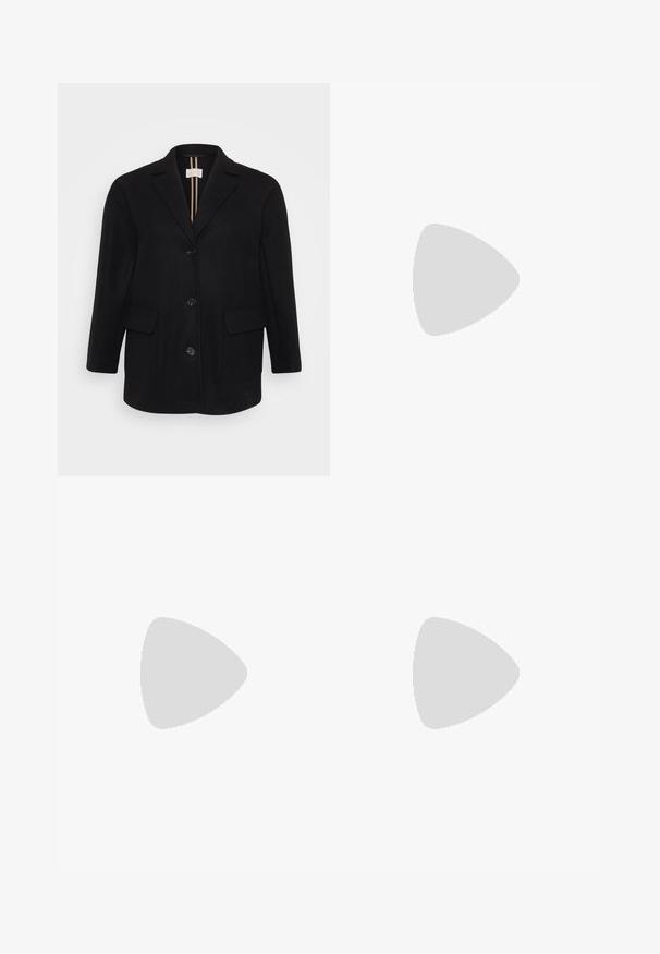 Fekete gyapjúkeverék kabát, amely hajtókával, elöl gombos záródással, két elülső zsebbel és sima textúrával rendelkezik. A belső bélésen függőleges csíkok találhatóak.; Leopárdmintás, hosszú ujjú felső, magas nyakkal, rugalmas anyagból készült. Bézs alap háttérrel és barna foltokkal rendelkezik. Sima tapintású, testhez álló fazon.; Fekete, egyenes lábú, szabott nadrág, gombos záródással és övhurkokkal, sima anyagból készült.; Fekete bokacsizma hegyes orral, sima bőrből és elasztikus szövetből készült. Tömör sarokkal és minimalista dizájnnal rendelkezik.; Fekete ovális napszemüveg sötét lencsékkel és fényes műanyag kerettel. Aranyszínű logóval rendelkezik a szárán, amely elegáns és modern megjelenést biztosít.; Kék, mintás, szövetből készült kézitáska, ívelt formával, fekete bőr pánttal és világosabb árnyalatú logóval.