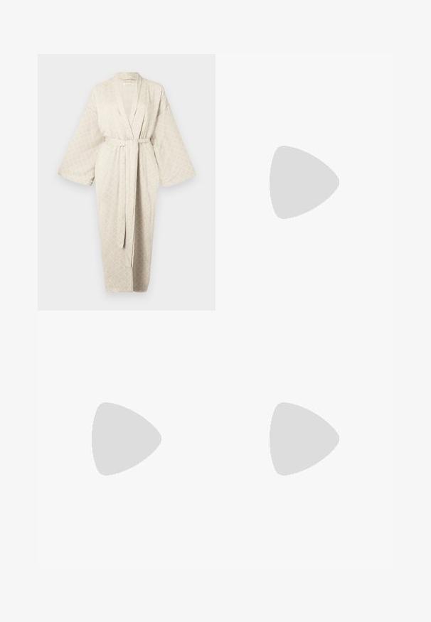 Beige robe with a diamond pattern, made of soft fabric. It features a belt, wide sleeves, and a long length for a relaxed fit.; White short-sleeve top made of soft fabric, featuring a round neckline and gathered detailing at the waist for a fitted look.; Wide-leg trousers in a light beige fabric, featuring pleats, a high waist, and a smooth texture with no visible embellishments.; Black leather knee-high boot with a pointed toe, accented by a circular strap around the ankle and a low, tapered heel. Smooth texture.