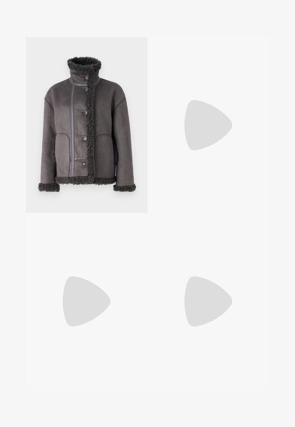 Object OBJOAKLYN JACKET - Faux leather jacket - dark grey; Black long-sleeve sheer lace top with floral pattern and a high neckline featuring a small ruffle trim.; Black wide-leg trousers with pleats, belt loops, and side pockets, laid flat on a white background.; Black lace-up ankle boots with a chunky platform sole, smooth leather finish, and pull tab. Features eight eyelets and textured sole.; Black, angular sunglasses with gray lenses; made of plastic, featuring thick arms with a smooth surface and no visible hardware.; Black scarf made of a soft, textured fabric. Features frayed edges and a rectangular shape, suitable for draping around the neck.