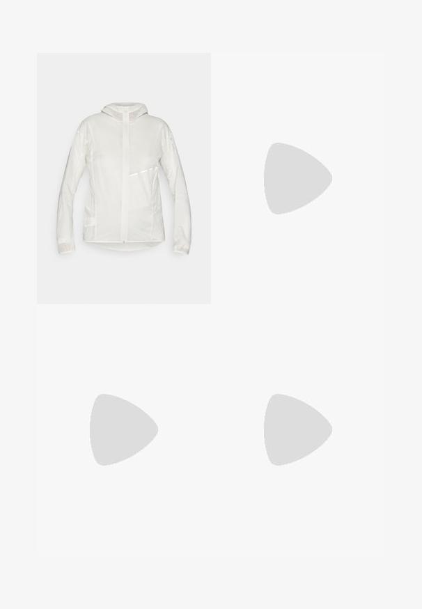 Lightweight, translucent white jacket with long sleeves, full zip closure, and a hood. Features a reflective stripe on the chest area.; Black sleeveless running tank top made of lightweight material with a round neck; features a subtle logo and side slits for breathability.; Black leggings made of stretchy fabric, featuring a high waistband and a white Nike logo on the left thigh. Smooth texture, form-fitting design.; Black Nike running shoe with breathable mesh upper, white swoosh logo, textured detailing, and a cream-colored ZoomX midsole.