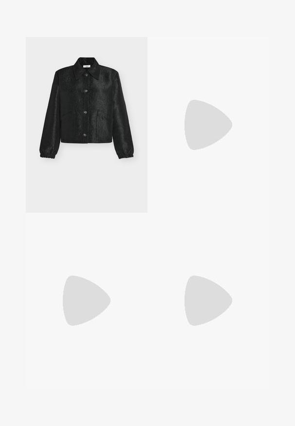 Black jacket with a textured floral pattern, featuring a pointed collar, front button closure, and elasticized cuffs. Two side pockets.; Long-sleeve t-shirts in white, burgundy, and black. Made of soft fabric with a round neckline and fitted design. Suitable for layering.; Black wide-leg pants featuring a textured fabric, an elastic waistband, and a detachable sash tie at the waist for adjustable fit.; Black leather pump with a pointed toe and a low block heel. Features an ankle strap with a gold-tone buckle. Smooth texture.