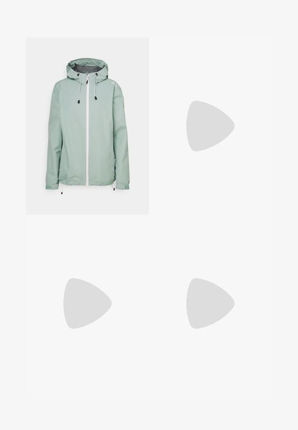 Mintgrønn lett jakke med hette, hvit frontglidelås, sidelommer og justerbare snører i nederkant og ermer.; Lys lilla kortermet t-skjorte laget av bomull, med rund hals og en liten hvit logo på brystet. Glatt tekstur.; Høyt liv leggings i mørkegrått, laget av strukturert stoff. Har en tettsittende design og sidelommer for oppbevaring.; Sorte turstøvler med mid-topp design, som har en teksturert overdel, grå detaljer og slitesterk gummisåle med godt grep.; Svart Columbia Titanium ryggsekk med en glatt stoffoverflate, sidelommer, topphåndtak og justerbare stropper. Minimalistisk design med subtil merkevare.