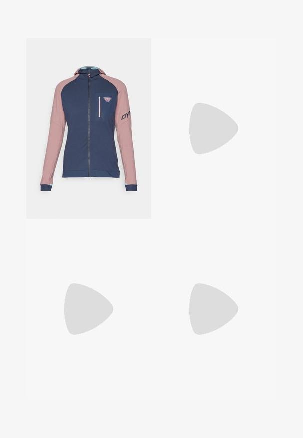Dynafit RADICAL - Giacca sportiva - mokarosa; T-shirt in cotone nero con colletto rotondo e maniche corte. Presenta un logo bianco "Patagonia" sull'area sinistra del petto.; Pantaloni outdoor neri con taglio dritto, dotati di chiusura con bottone, tasche laterali con zip e una patch con logo sulla coscia sinistra.; Scarpa da corsa Salomon in grigio e blu navy con una tomaia in mesh traspirante, punta in gomma e suola testurizzata con accenti di lavanda.