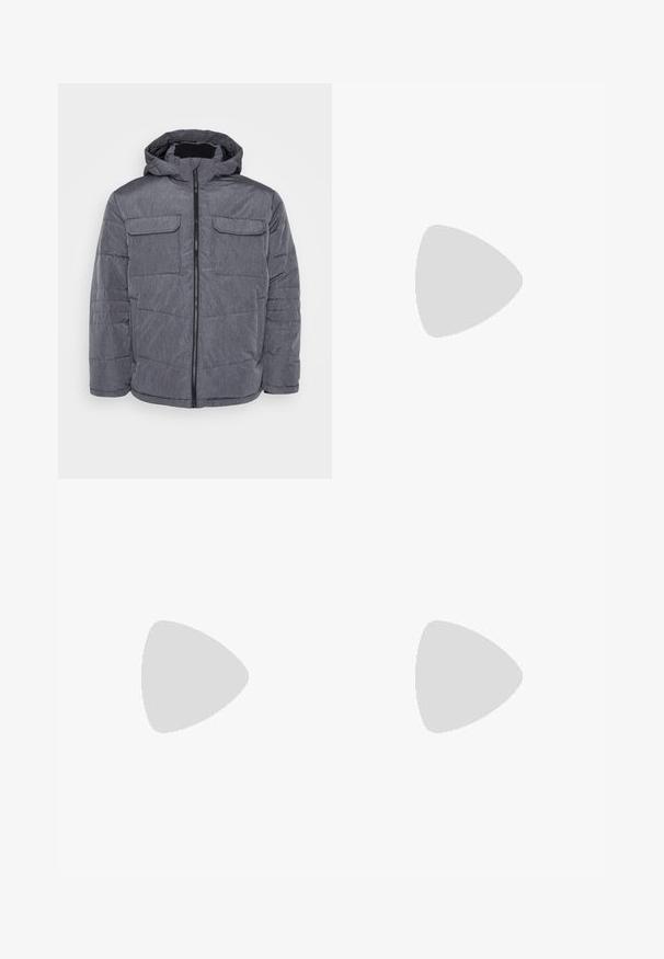 Jack & Jones JJBUILD PUFFER JACKET - Talvejope - dark grey melange; Valge lühikeste varrukatega T-särk ribakudumises. Ümar kaelus, mugav lõige, nähtavad mustrid ega aksessuaarid puuduvad. Lihtne ja mitmekesine disain.; Heledad sinine denim-stiilis teksad, volüümse lõike, keskmise kõrgusega talje ja sirgete säärega. Omab viit taskut, vöökumme ja nööpide sulgemist.; Valge nahkline sneka, millel on sile pind, ümar varvas ja lame valge pael. Omab tekstuuriga kummist talla ja minimaalset kujunduselementi.