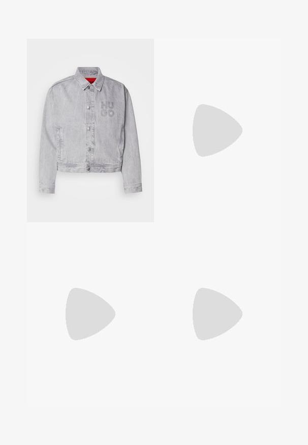 Light gray denim jacket with a collared neck, snap buttons, side pockets, and "HUGO" logo embossed on the front. Smooth texture.; Two black cotton T-shirts with round necklines, short sleeves, and blue "HUGO" labels on the collars and side hems.; Black wide-leg trousers with a flat front, two side pockets, pleated design, and a contrasting red interior waistband.; Low-top men's sneaker in black leather and suede with maroon heel tab and white rubber sole, viewed from the outer side.