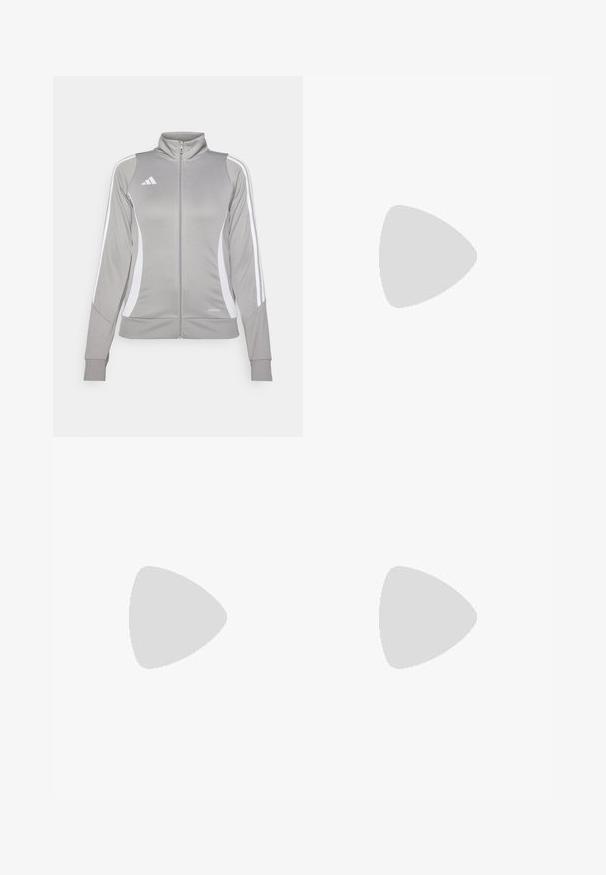 Gray athletic jacket with a high collar, white side panels, and three stripes on sleeves. Features a full zip front and textured fabric.; White cotton t-shirt with a V-neck design, short sleeves, and a black Adidas logo on the left chest area. Smooth texture, classic fit.; Blue sweatpants with red side stripes, elastic waistband with drawstring, ribbed cuffs, featuring embroidered logos on the sides.; White athletic shoe with mesh upper, three black stripes on the side, textured accents, and a sturdy rubber sole with a contrasting black section.