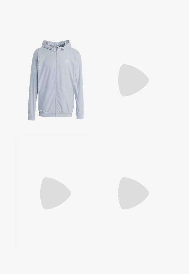 Světle šedá zipová bunda s kapucí, která má neonově zelené akcentní pruhy, panely s síťovinou a elastické manžety a lem.; Černé bavlněné tričko s krátkým rukávem, kulatým výstřihem a bílým logem na levé hrudi. Hladká textura a jednoduchý design.; Černé sportovní kalhoty s elastickým pasem, bílými bočními pruhy a malým bílým logem na stehně. Vyrobené z hladkého, lehkého materiálu.; Černé sportovní boty s texturovaným síťovaným svrškem, bílými akcentními pruhy, polstrovanou podrážkou a vyztuženým patem pro podporu.