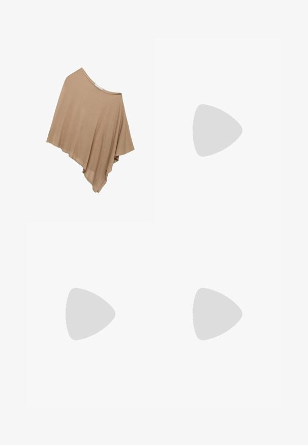 Lichtbruine, loszittende poncho gemaakt van zachte stof. Heeft een brede halslijn en een asymmetrische zoom voor een vloeiende vorm.; Zwarte, mouwloze crop top van gladde stof. Heeft dunne spaghetti-bandjes en een ronde halslijn, met een getailleerd ontwerp.; Zwarte relaxte shorts van zachte stof met een elastische tailleband en zijzakken; gecombineerd met een bijpassend overhemd met knopen.; Tan leren cowboylaars met puntige neus, geborduurde spiraalpatronen op de schacht en een gestapelde blokhak. Voorzien van een trekband voor gemakkelijke aan- en uittrekken.; Ronde, bruin getinte zonnebril met een glanzend bordeauxrood frame. Slanke pootjes met subtiele merkdetails. Vlakke lensontwerp.; PULL&BEAR Shopper - mottled dark brown