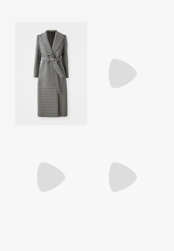 Long, double-breasted coat in a blue and brown houndstooth pattern, with a belt at the waist, lapel collar, and long sleeves.; Black maxi dress with a loose fit, wide sleeves, round neckline, and a small front slit. Made of smooth, lightweight fabric.; Black leather sandal with a square toe, thin straps, adjustable ankle strap, and a low heel. Features a small gold accent on the strap.; Black leather tote bag with a textured finish, featuring two vertical lines, dual shoulder straps, and a minimalist design.