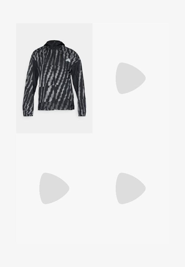 Zwarte en grijze lichtgewicht jas met een capuchon, voorzien van een geometrisch patroon, een ritssluiting aan de voorkant en elastische manchetten. Ontworpen voor buitensport.; Korte mouwen sport t-shirt, donkergrijs met geperforeerde textuur. Bevat een wit logo en contrasterende zijstrepen. Ronde halslijn.; Zwarte legging met hoge taille, voorzien van witte zijkanten en een klein wit logo op de linkerbovenbeen. Gemaakt van een gladde, rekbare stof.; Hardloopschoen met een donkerblauwe mesh bovenkant, lichtbeige zool en een witte drie-strepen ontwerp. Heeft een strakke, aerodynamische vorm en textuuraccenten.