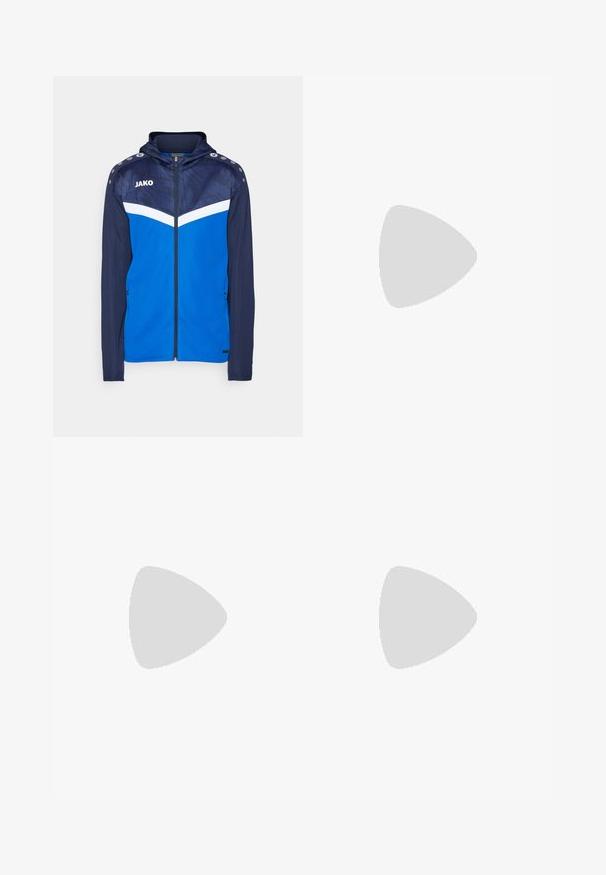 Blue athletic jacket with a zip front, hood, patterned upper section, and white accents. Features snap buttons on shoulders and side pockets.; White crewneck t-shirt made of cotton, featuring short sleeves and a small logo embroidered on the left chest area. Soft texture.; Black satin track pants with elastic waistband and cuffs. Features a tonal logo on the left thigh. Lightweight and smooth texture.; White athletic sneakers with a smooth synthetic upper, black logo accent, and perforated detailing on the side. Rubber sole.