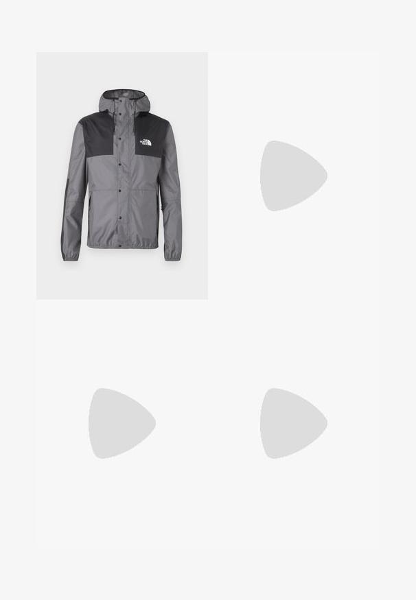 Vodoodporna jakna v sivi barvi z črnimi detajli, ki ima kapuco, zaponke na pritiskanje in nastavljiv spodnji del, narejena iz lahkega materiala.; Črna bombažna majica s kratkimi rokavi, okroglim izrezom in majhnim belim logotipom na levem prsnem delu. Preprost dizajn, gladka tekstura in sproščen kroj.; Črne atletske hlače iz lahkega materiala, ki imajo elastični pas z vezalko, stranske žepe in zožene manšete na gležnjih.; Črne zunanje teniske s zgornjim delom iz usnja z nubukom, teksturiranim gumijastim podplatom in trdnim vezalnim sistemom. Imajo ojačan petni del in logotip blagovne znamke na strani.