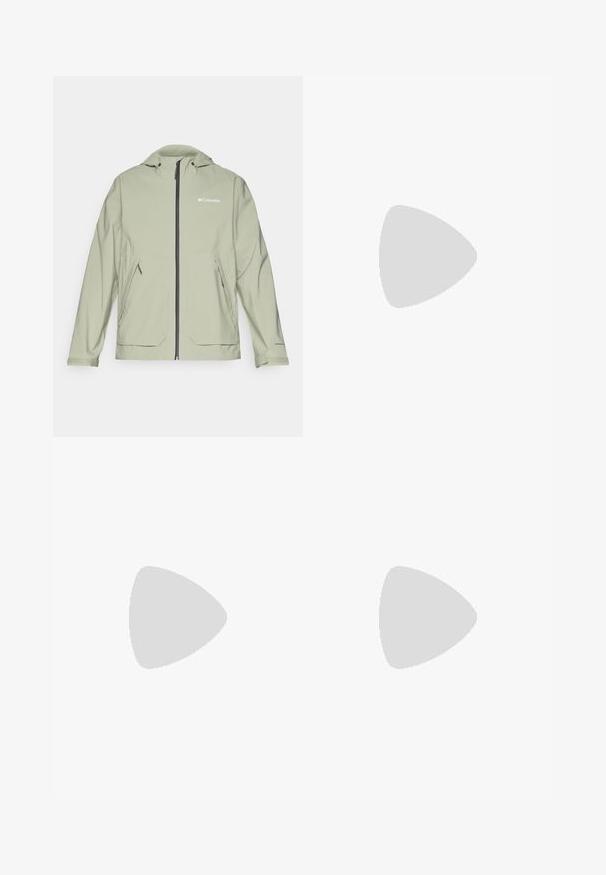 Veste imperméable vert clair avec capuche, fermeture éclair avant, poches latérales et poignets élastiques. Présente le logo Columbia sur la poitrine.; T-shirt noir à manches courtes en coton, avec un col rond et un petit logo blanc sur le côté supérieur gauche de la poitrine.; The North Face JOGGER - Pantalons outdoor - black; The North Face OFFTRAIL VERSA - Chaussures de marche - black/white