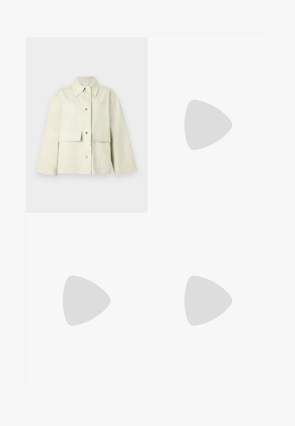 Light beige short jacket made of sturdy fabric, featuring a spread collar, front button closure, and two large front pockets.; White long-sleeve button-up shirt in a smooth cotton blend. Features a classic collar, front button closure, and rounded cuffs.; Black wide-leg trousers with a smooth texture, featuring front pleats and a high waist design. Made from a lightweight fabric.; Black leather mules with a pointed toe and low, block heel. Smooth texture with a sleek design. Open back with minimal detailing.