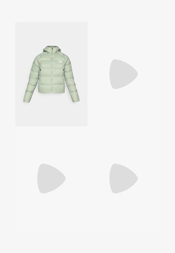 Light green puffer jacket with a hood, zip front, and side pockets. Features stitched horizontal sections for insulation. Logo on the chest.; Black long-sleeve t-shirt made of cotton with a round neck. Features a small white logo on the left chest area. Simple design and fit.; Black nylon zip-off cargo trousers with adjustable cuffs, multiple pockets, and a logo on the right leg. Smooth, lightweight texture.; Beige and cream athletic shoe with textured mesh upper, supportive overlays, and rubber outsole featuring a tread pattern for traction.