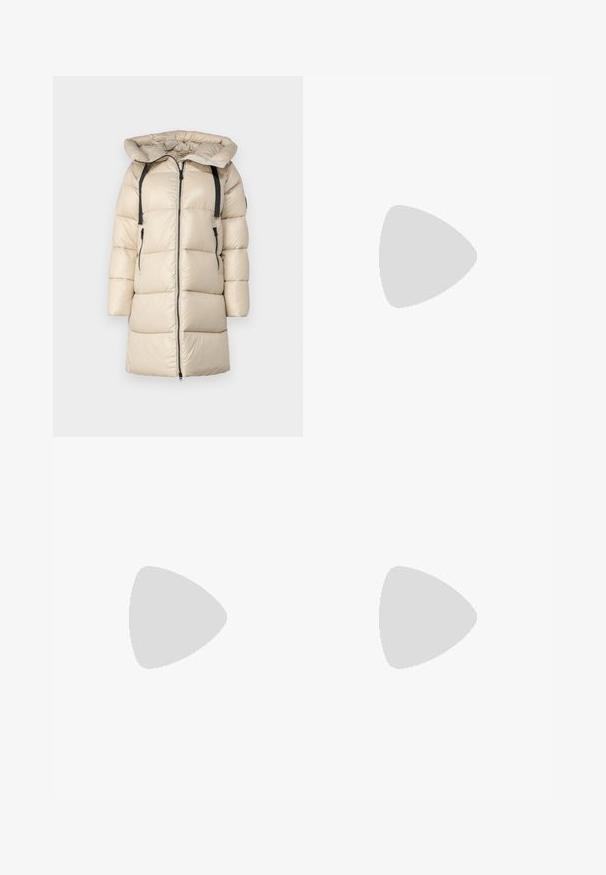 Beige puffer coat with a hood, featuring zip front closure, horizontal stitching, two side pockets, and adjustable black straps on shoulders.; Navy blue short-sleeve t-shirt made of soft cotton. Features a rounded neckline and a subtle embroidered logo on the chest.; Light blue denim jeans with a high waist, wide-leg cut, two side pockets, and pleated design feature. Soft texture with a faded finish.; Black leather block-heeled sandal with a wide strap across the toe and an adjustable ankle strap, featuring a sleek, minimalist design.