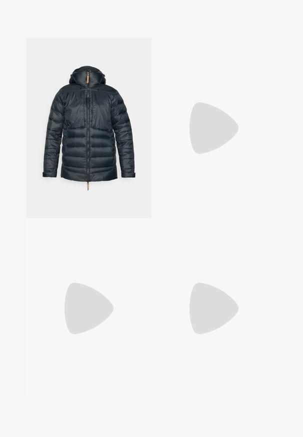 Dark blue puffer jacket with a hood, featuring a full zipper, elastic cuffs, and a textured finish. Leather accent at the neck with drawstrings.; Black long-sleeve t-shirt made of cotton with a round neck. Features a small white logo on the left chest area. Simple design and fit.; Black nylon zip-off cargo trousers with adjustable cuffs, multiple pockets, and a logo on the right leg. Smooth, lightweight texture.; Beige and cream athletic shoe with textured mesh upper, supportive overlays, and rubber outsole featuring a tread pattern for traction.