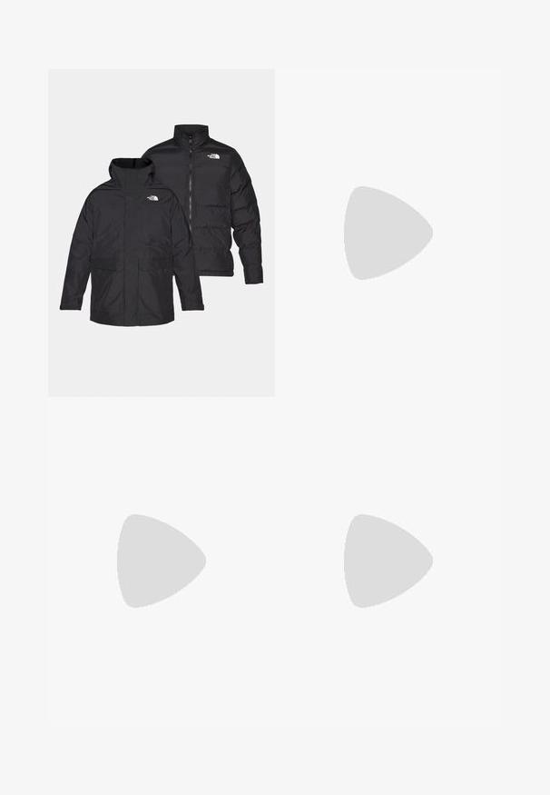 Sort The North Face vendbar jakke med lynlås foran, høj krave og to frontlommer, vist fra front- og bagvisning.; Fem t-shirts arrangeret i gradientfarver: beige, olivengrøn, brun, mørkeblå og sort. Lavet af blød bomuld med korte ærmer og rund hals.; Lyseblå denimjeans med straight leg-design, der har en mid-rise talje, fem lommer og en lukning med knap og lynlås.; Grå sportssko med overdel i mesh og ruskind, hvide accenter, en polstret sål og et særpræget design med reflekterende elementer.; Tre-lags sølvmetal halskæde med slanke, flexible kæder med en let glans, sikret med en hummerlås og justerbar kæde.