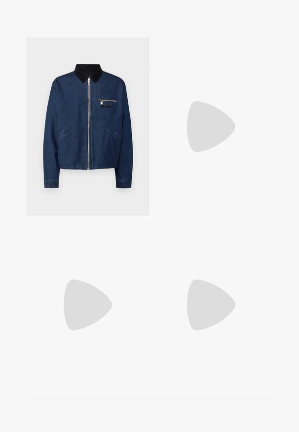 Denim jacket in dark blue with a black corduroy collar, front zip closure, chest pocket, and side pockets designed for casual wear.; Urban Classics TALL TEE - Basic T-shirt - white; Red athletic pants with an elastic waistband, white striped accents along the sides, and a small white logo on the left thigh.; Timberland AUTHENTIC 3 EYE - Lace-ups - burgundy; Gold metal sunglasses with round, green-tinted lenses. The thin temples have clear plastic tips and display a logo on the lens.