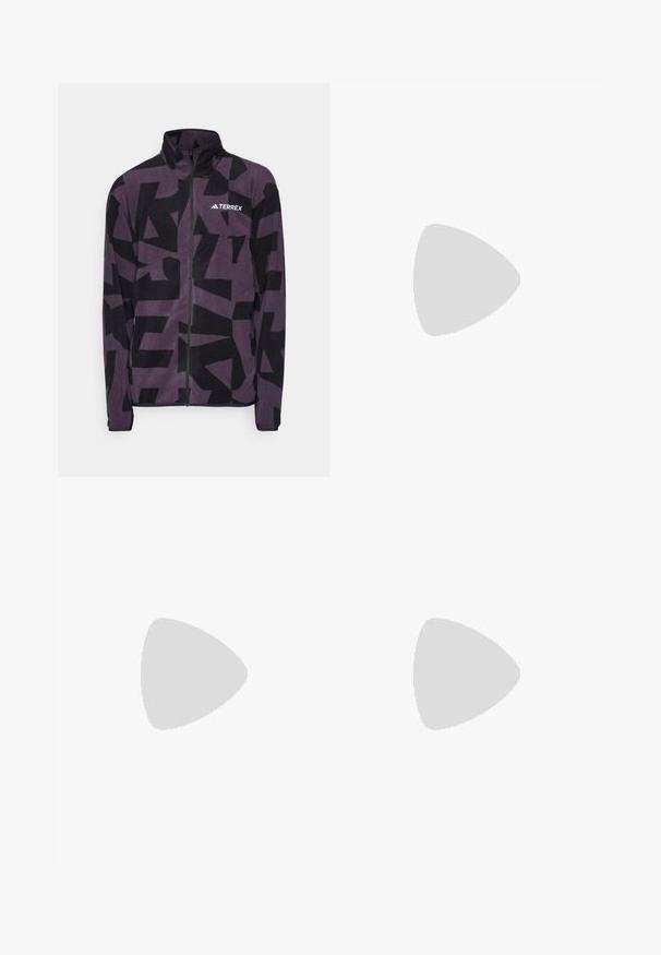 Adidas Terrex MT AOP  - Giacca in pile - aurora black; T-shirt nero a maniche corte realizzato in tessuto leggero, con il logo "TERREX" grigio chiaro sul petto e colletto tondo.; Pantaloni sportivi neri con vita elasticizzata, due tasche laterali con zip e un logo sulla parte superiore della gamba destra. Tessuto liscio e leggero.; Scarpa sportiva nera con tomaia in mesh testurizzato, punta rinforzata, accenti grigi, chiusura con lacci e suola in gomma resistente.