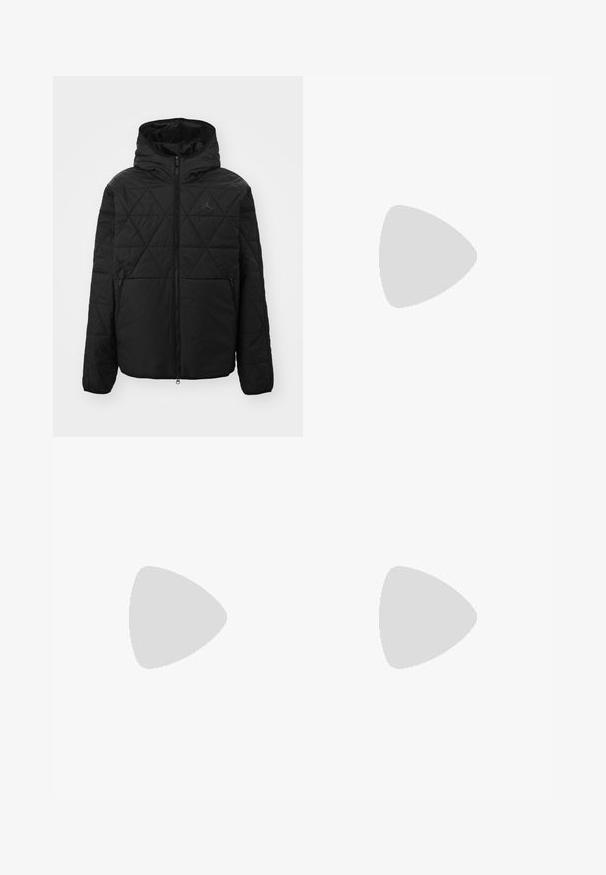 Black quilted jacket with a hood, front zipper, and two side pockets. Features a subtle logo on the chest. Smooth, textured fabric.; Nike black cotton t-shirt with a classic crew neck, short sleeves, and a subtle, embossed logo on the chest. Smooth texture.; Black sweatpants made of soft fabric with an elastic waistband, drawstring, and a small Nike logo on the left thigh.; Black athletic shoes with textured fabric and rubber soles, featuring elastic laces and a blue accent on the heel. Worn with light denim pants.