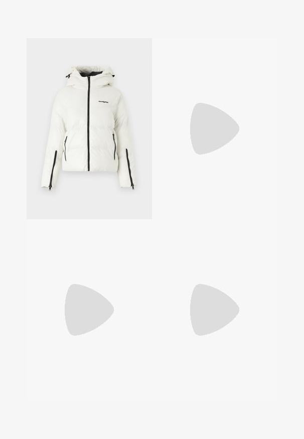 White puffer jacket with a hood, featuring a black zipper, dual side pockets, and a logo on the chest; smooth texture and insulated design.; Cropped beige t-shirt made of shimmering fabric with short sleeves and a knotted detail at the hem. Smooth texture and round neckline.; Wide-leg denim trousers featuring a light to dark blue gradient, high waist, belt loops, and a matching fabric belt. Textured denim finish.; Black lace-up sneakers with a chunky sole, featuring smooth leather upper, rounded toe, and distinct layered platform design.