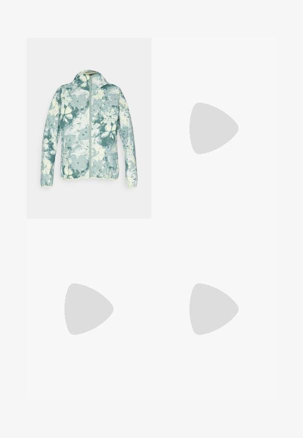 Helly Hansen GRAPHIC RAIN JACKET - Vízálló dzseki - eucalyptus; Fekete, hosszú ujjú póló pamutból, kerek nyakkal. A bal mellrészen egy kis fehér logó található. Egyszerű dizájn és szabás.; Fekete nylon zipzáras cargo nadrág állítható mandzsettával, több zsebbel és logóval a jobb lábon. Simább, könnyű textúra.; Beige és krém színű sportcipő, texturált hálós felsőrésszel, támogató burkolattal és gumitalppal, amely tapadás érdekében bordázott mintázattal rendelkezik.
