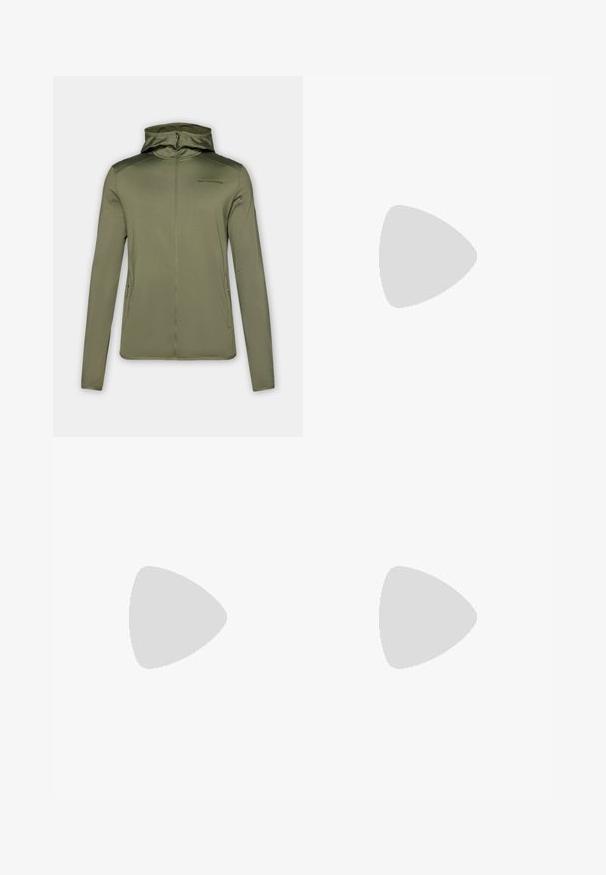 Olive green zip-up hoodie made of soft fabric, featuring a fitted hood, long sleeves, and two side pockets. Minimalist design with branded logo.; Black short-sleeve performance t-shirt made of breathable fabric, featuring a crew neckline and small white "SALOMON" logo on the chest.; Black outdoor pants featuring a zippered thigh pocket, elastic waistband, and smooth, water-resistant fabric. Clean design with no visible logos.; Black athletic shoes with a textured upper, rounded toe, and prominent rubber outsole. Features a logo on the side and red detailing on the sole.