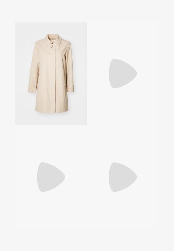 Beige trench coat made of lightweight fabric, featuring a classic collar, single button closure, and long sleeves with cuff detailing.; Navy sleeveless dress with a fitted shape, double-breasted button closure, two front pockets, and a flat collar for a structured silhouette.; Black leather pointed-toe mules with a low stiletto heel. Smooth texture, minimalistic design, and open back for easy wear.; Black leather shoulder bag with a rounded shape, glossy finish, and silver hardware. Person wearing black wide-leg pants and studded loafers.