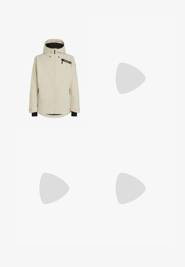 Cream-colored waterproof jacket with a zippered front, adjustable hood, and black accents. Features zip pockets and textured fabric.; White long-sleeve T-shirt made of cotton with a crew neck. Features a small black logo on the chest. Smooth texture, regular fit.; Black athletic pants made from lightweight fabric, featuring a drawstring waistband, side pockets, and tapered cuffs at the ankles.; Black trail running shoe with a textured upper, rubber sole, and reinforced toe cap. Features a padded collar and pull tab for easy wear.